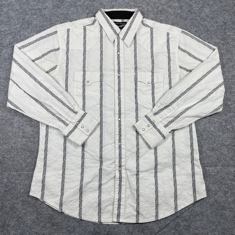 VTG Wrangler Western Shirt Mens XL White Pearl Snap Scroll Stripe Cowboy 90s